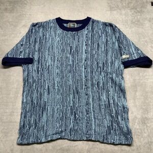 Vintage Raw Blue Sweater Men's 3XL White 3D Knit Short Sleeve Crew Neck Pullover